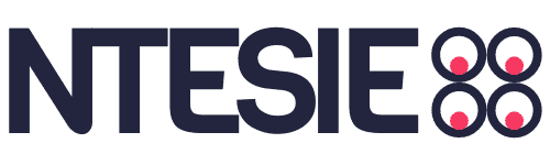 The image features the logo "NTESIE" in dark blue or black text. “Adinkra Ntesie” is a Ghanaian cultural symbol associated with wisdom and knowledge as the essential ingredients of education. At the end of the word is designed with two pink circles in each representing the Adinkra Ntesie symbol