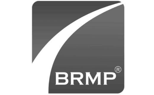 page-4 Business Relationship Management Professional (BRMP®) logo. The image displays a logo with a dark background and a curved white line extending from the bottom left to the top right. Below the line, the letters "BRMP" are prominently featured in white.