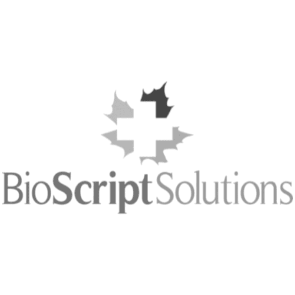Black-and-white logo for BioScript Solutions, showing a cross formed by four stylized maple leaves above the company name in serif lettering.