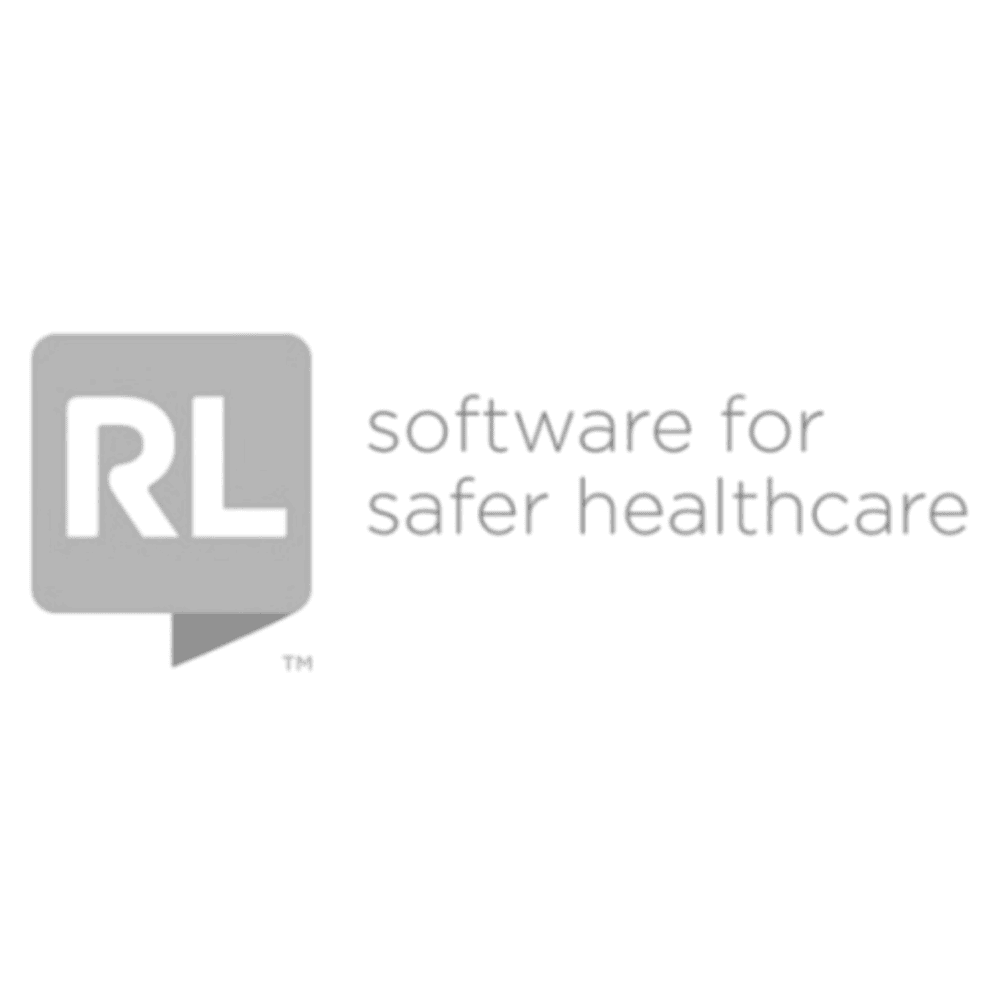 A minimalist logo on a white background: a gray rounded speech-bubble icon with the white letters “RL,” next to light gray text that reads “software for safer healthcare.”