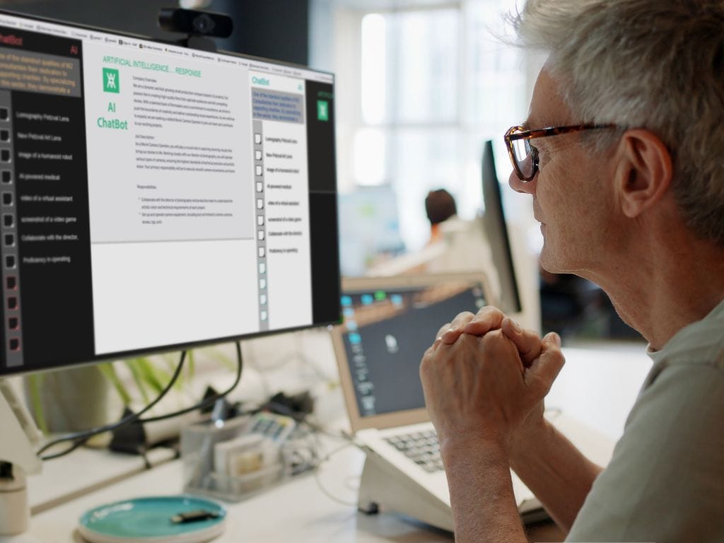A gray‑haired person wearing glasses sits at a modern desk in a bright, open‑plan office, hands clasped while looking at a large monitor. The screen shows an AI chatbot interface with headings such as “ARTIFICIAL INTELLIGENCE — RESPONSE” and “AI ChatBot,” a sidebar of options, and a checklist; a webcam is mounted on top of the monitor. On the desk are a laptop displaying a code editor, a mouse, a small tray of office supplies, a turquoise dish, and a plant. In the background, other people work near large windows.