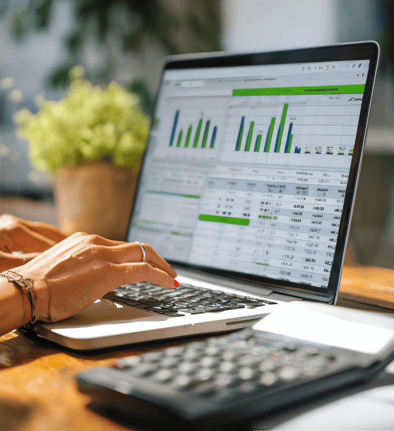 A close-up of a person working at a laptop on a wooden desk, with hands on the keyboard. The laptop screen displays spreadsheets and bar charts in green and blue, suggesting financial or data analysis. A calculator sits in the foreground, and a potted plant is blurred in the background. Natural light illuminates the home-office scene.