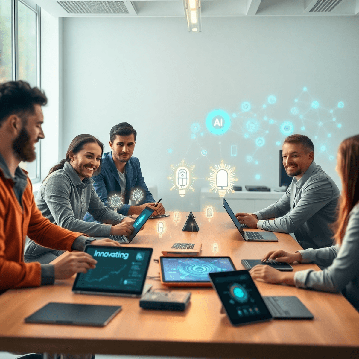 A modern workspace with small business owners collaborating around a table with digital devices displaying glowing AI and innovation icons, with ho...