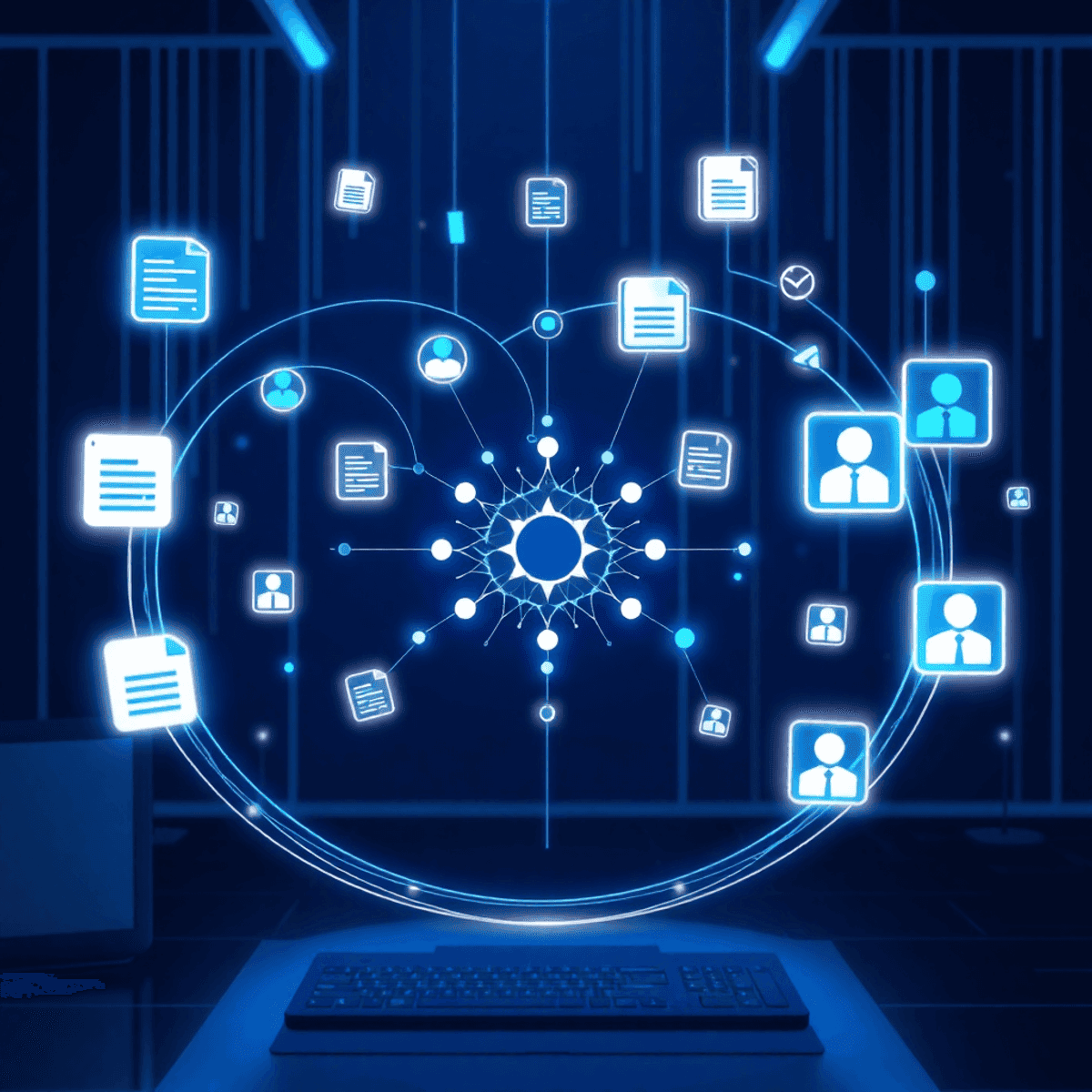 Futuristic workspace with glowing data streams flowing from document icons into a central neural hub, surrounded by floating symbols of dates, contracts, and profiles.