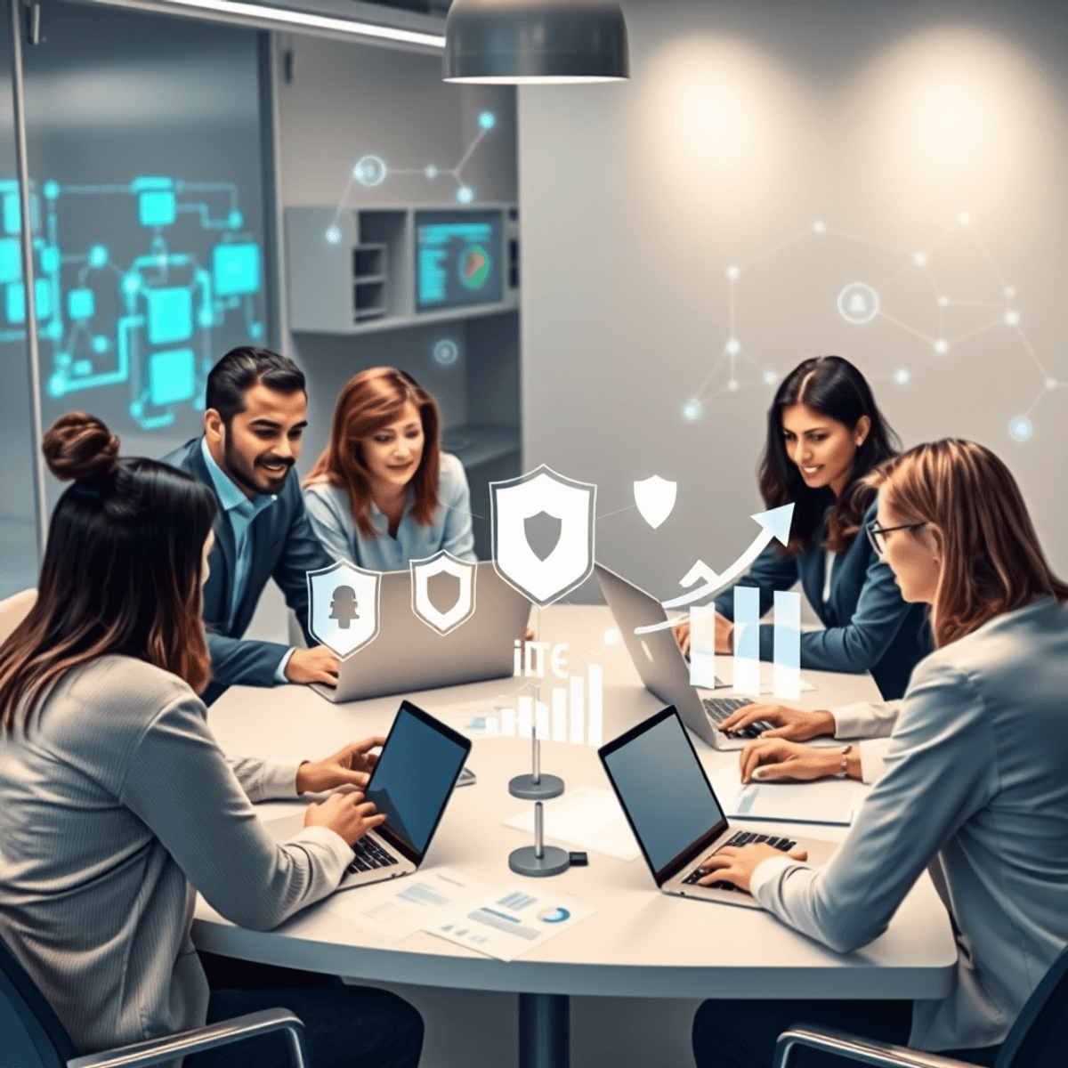 Team collaborating in a modern office with laptops, charts, and digital icons of IT, cybersecurity, and growth, surrounded by glowing network conne...