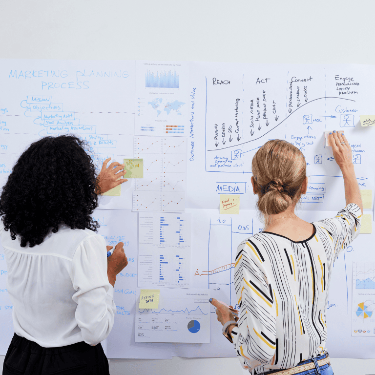 Detailed digital marketing planning session with team members.